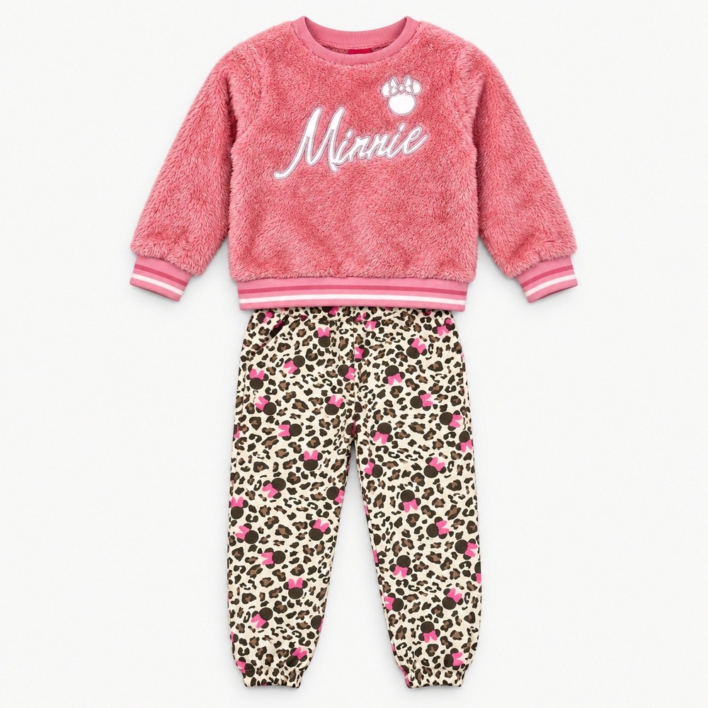 Disney Minnie Mouse Girls Outfit 5T Pink Sherpa Sweatshirt Leopard Joggers Set